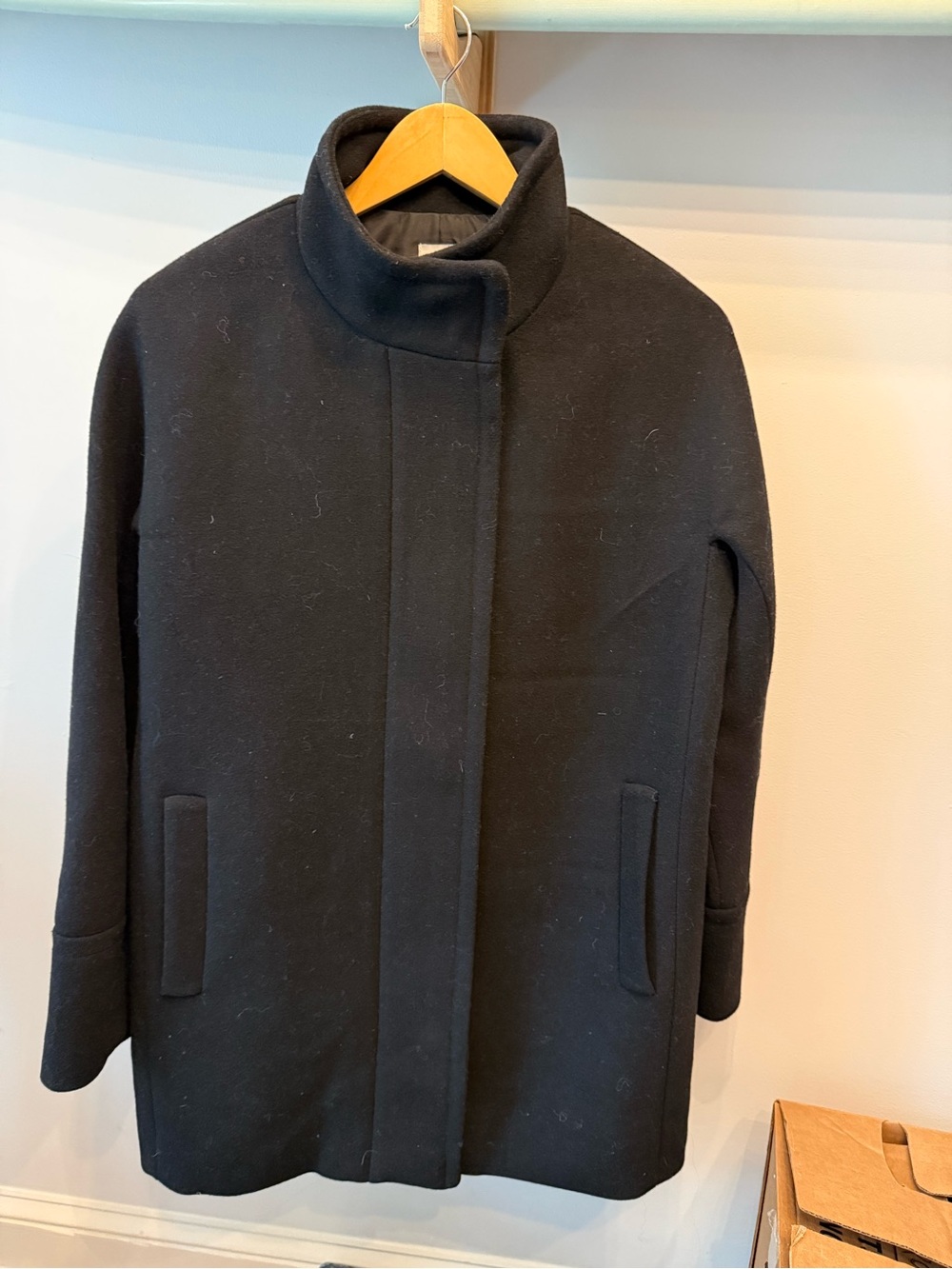 Classic Black Wool Pea Coat, High-Collar